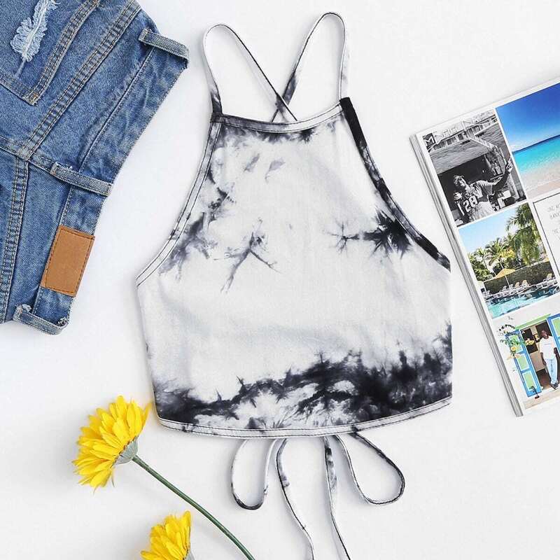 

Lace Up Back Tie Dye Halter Top, Black and white