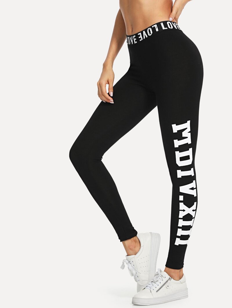 

Letter Print Leggings, Black