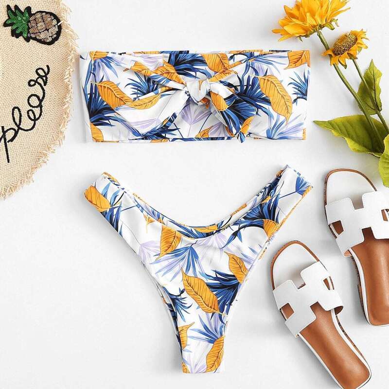

Leaf Print Knot Front Bikini Set, Multicolor