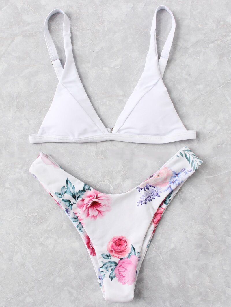 

Flower Print Bikini Set, White