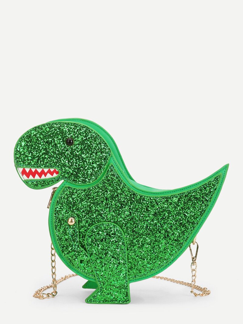 

Sequin Overlay Dinosaur Design Chain Bag, Green