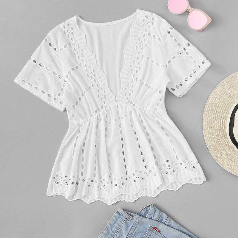 

Scallop Plunge Schiffy Eyelet Peplum Top, White