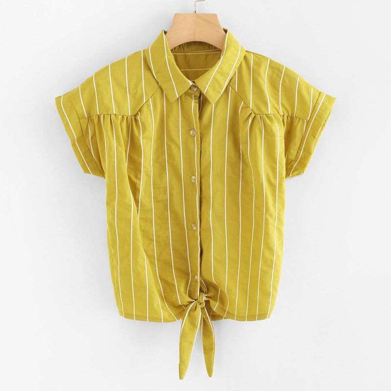 

Striped Knot Hem Shirt, Yellow