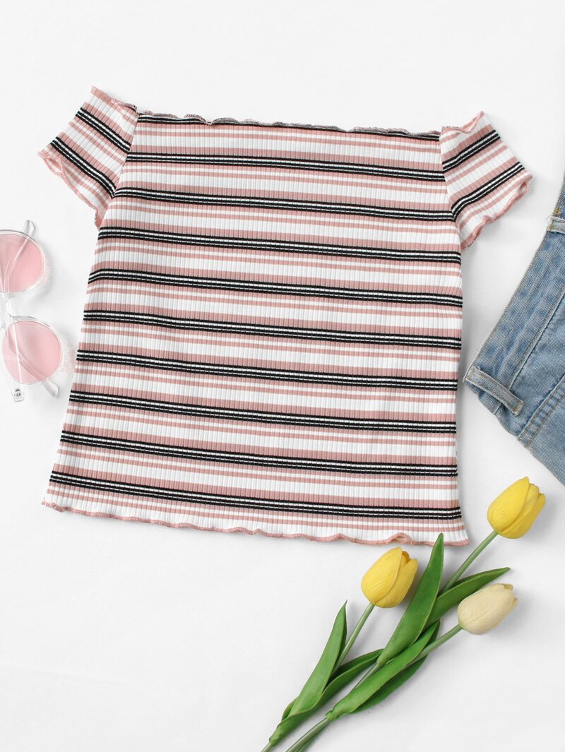 

Off Shoulder Lettuce Trim Striped Tee, Black