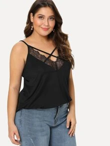 SHEIN Clasi 黑色性感交叉純色大尺碼背心 - 黑色 - 查看 4