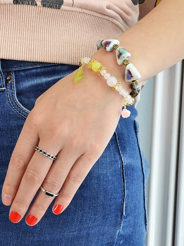 

Beads With Flower Leaf Heart Shape Bracelet, Multicolor