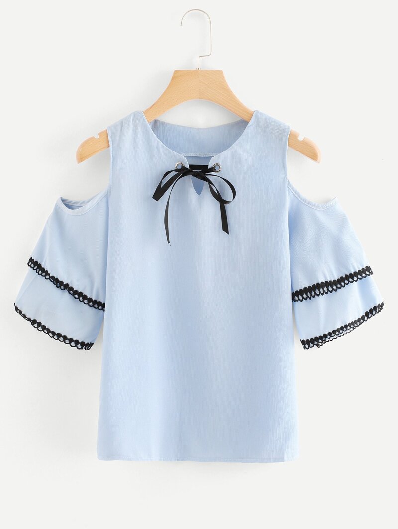 

Cold Shoulder Tie Neck Top, Blue