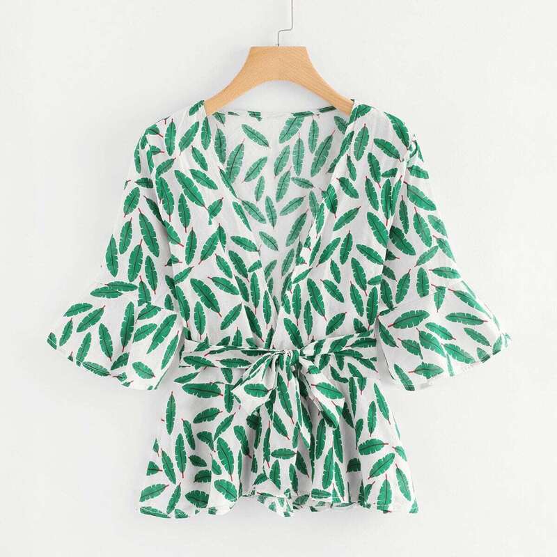 

Leaf Print Flounce Sleeve Self Tie Top, Multicolor