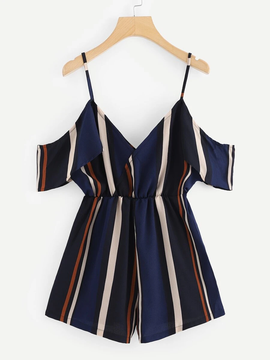 V Neckline Open Shoulder Striped Romper - Multicolor - View 1