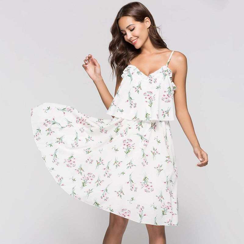 

Floral Print Frill Trim Cami Dress, White