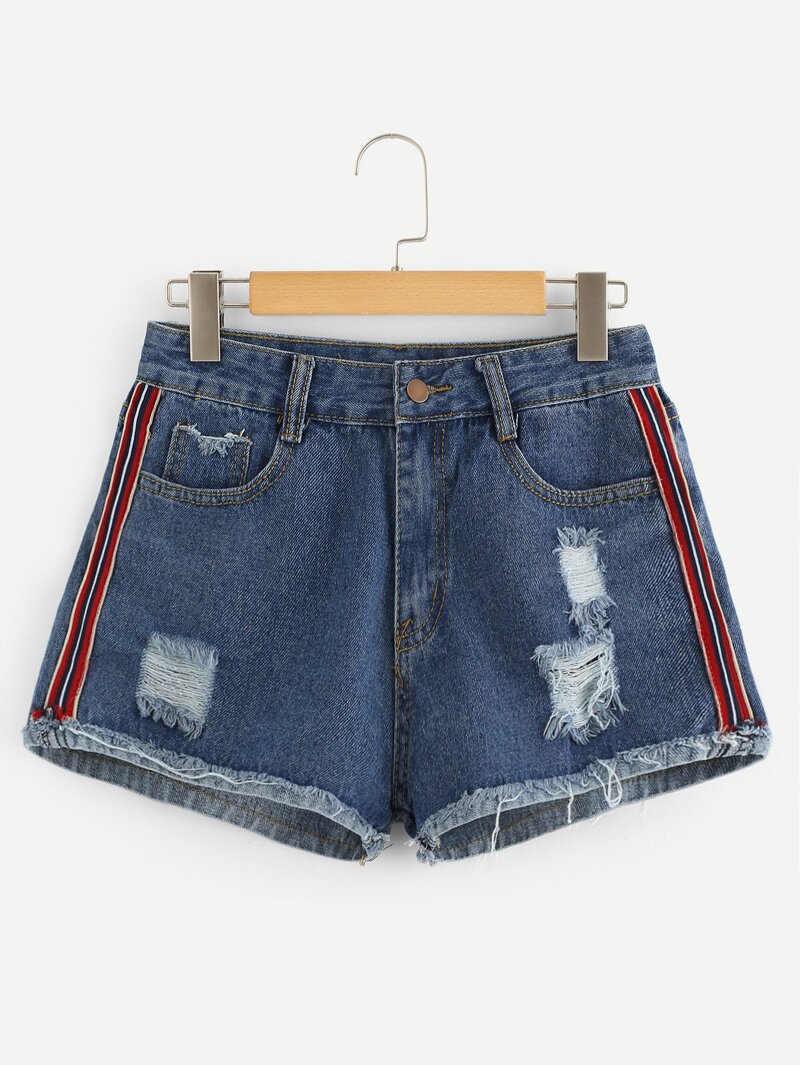 

Stripe Contrast Ripped Denim Shorts, Blue