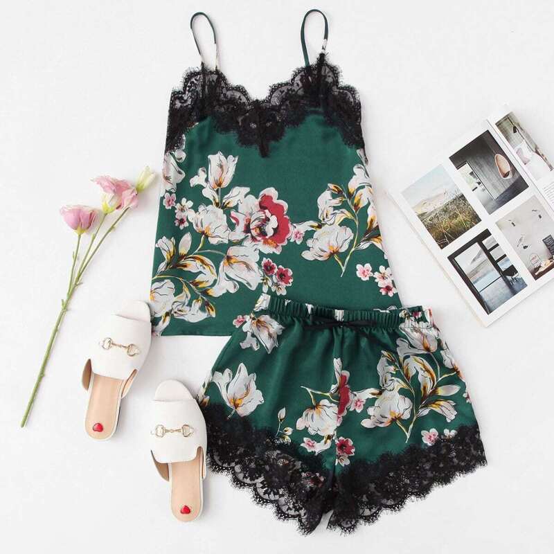 

Floral Print Lace Trim Cami Top & Shorts PJ Set, Green