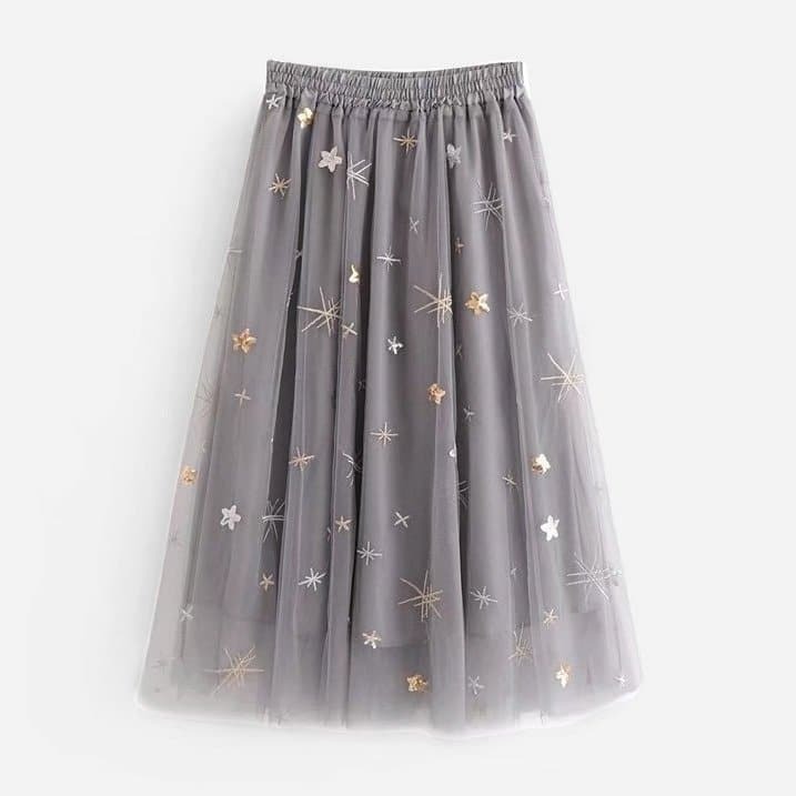 

Embroidered Mesh Skirt, Grey