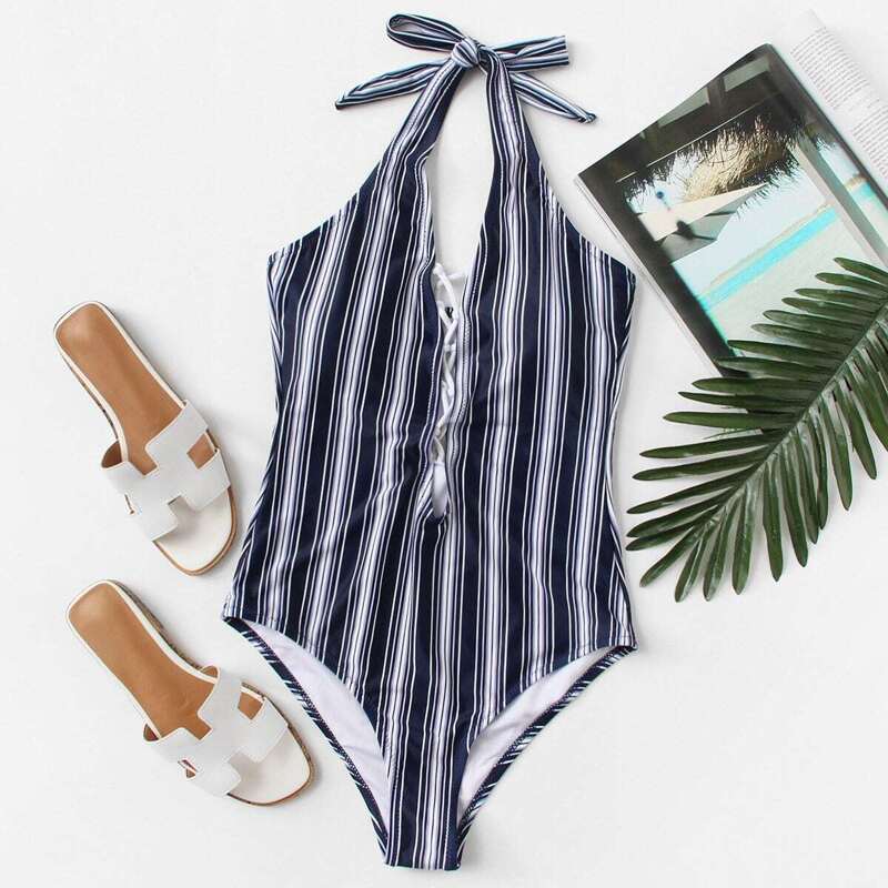 

Striped Halter Swimsuit, Blue