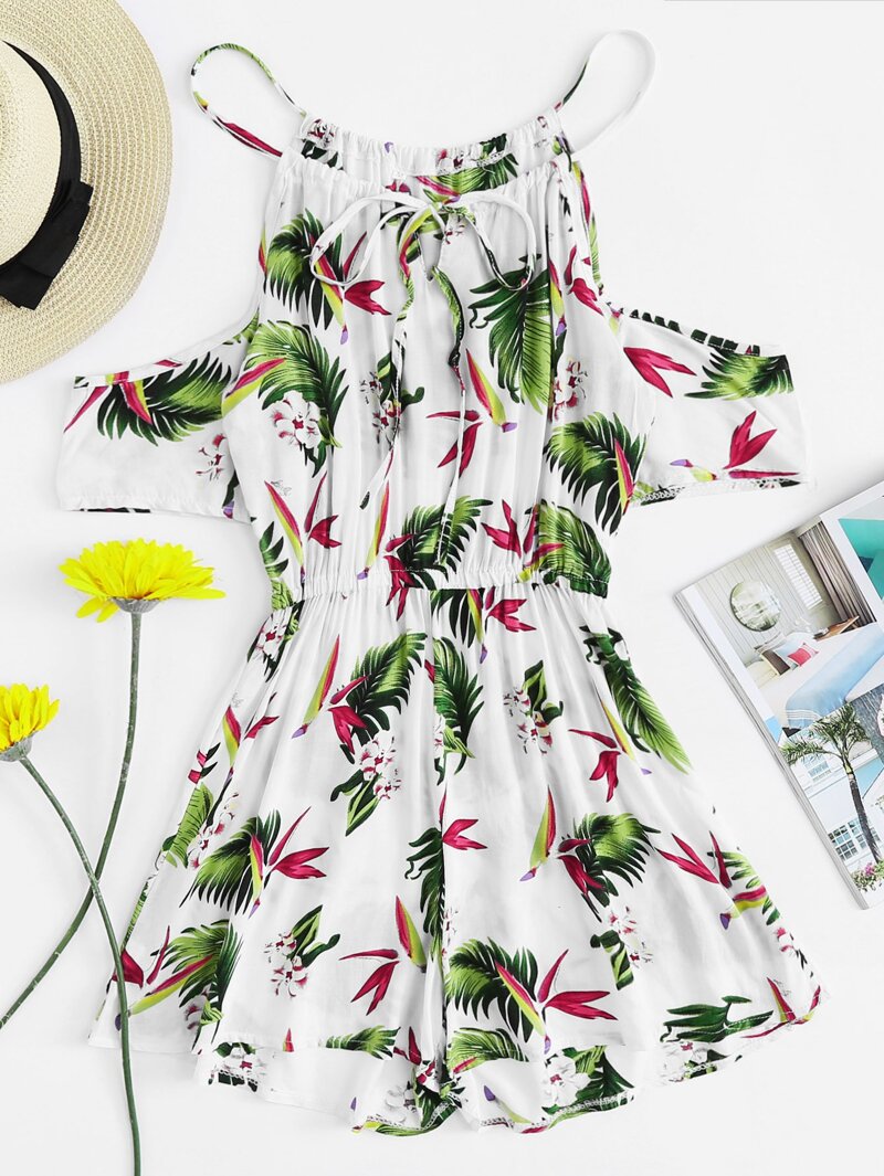 

Open Shoulder Floral Print Romper, Multicolor