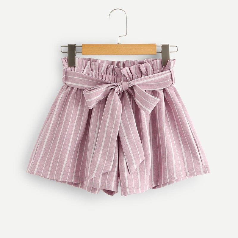 

Self Tie Waist Striped Paperbag Shorts, Pink