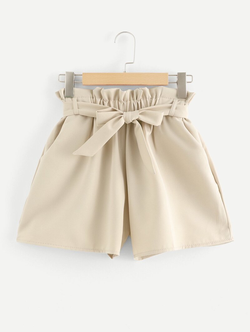 

Self Tie Waist Frill Trim Shorts, Apricot