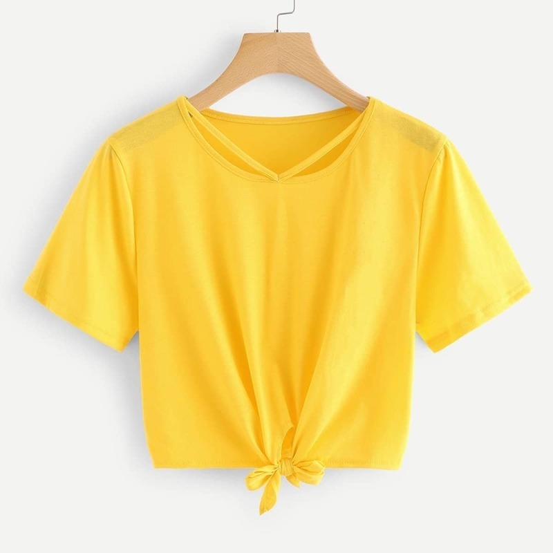 

Cut Out Neck Knot Crop Tee, Yellow