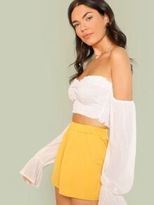 SHEIN Smocked Off-the-Shoulder Crop Top - White - View 3