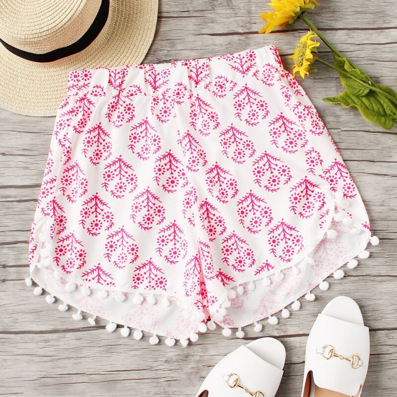 

Floral Pom Pom Trim Beach Shorts, Multicolor
