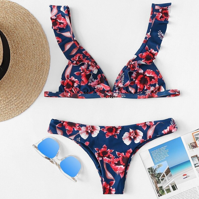 

Floral Print Ruffle Bikini Set, Multicolor