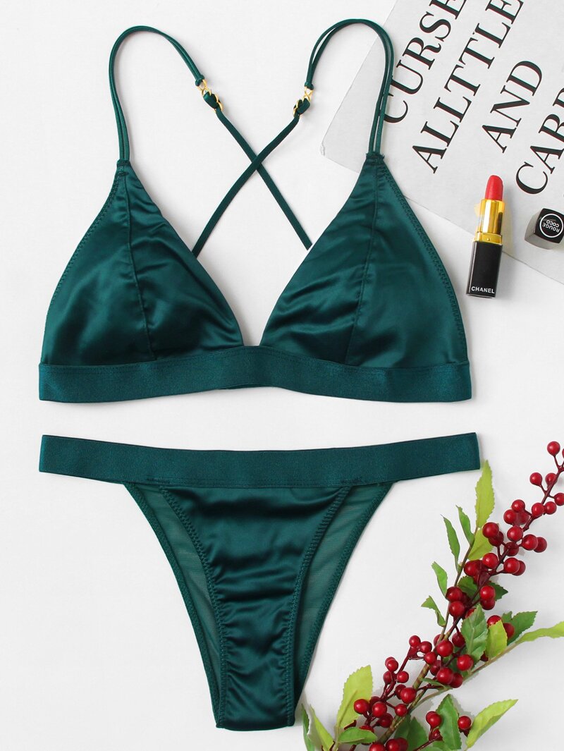 

Cross Back Satin Lingerie Set, Green