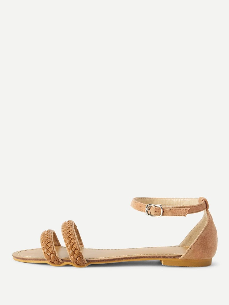 

Ankle Strap PU Flat Sandals, Brown