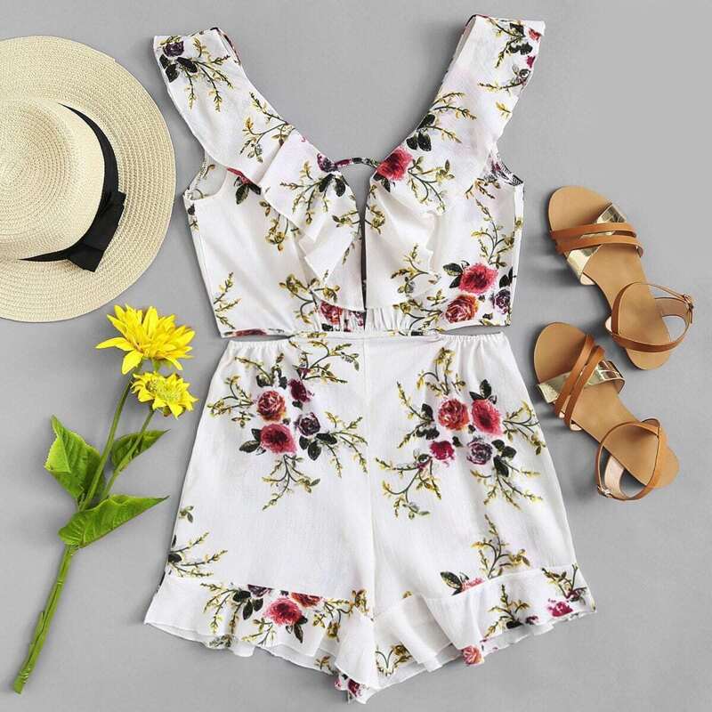 

Ruffle Trim Cut Out Waist Romper, Beige