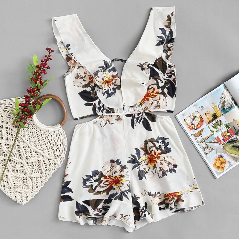 

Ruffle Trim Cut Out Waist Romper, Beige