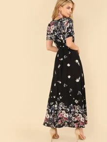 SHEIN Floral Print Surplice Dress - Multicolor - View 3