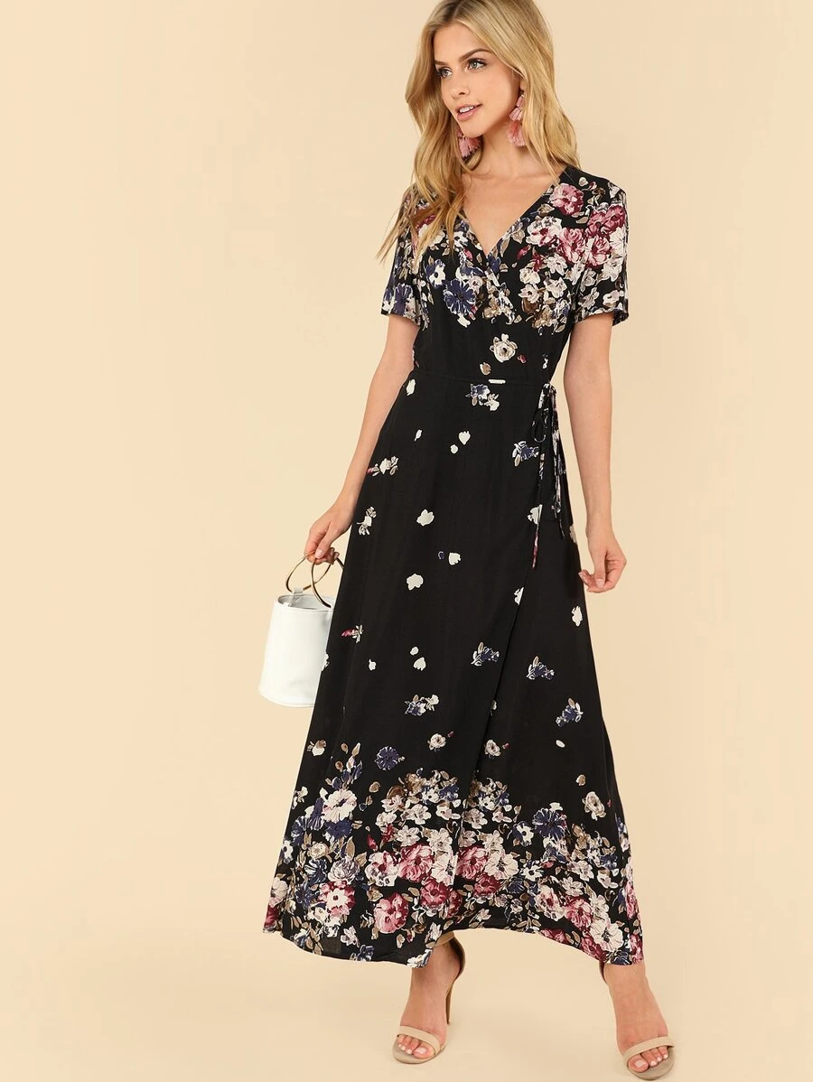 SHEIN Floral Print Surplice Dress - Multicolor - View 1