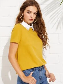 SHEIN Privé Contrast Collar With Faux Pearl Embellished Top - Mustard Yellow - View 3