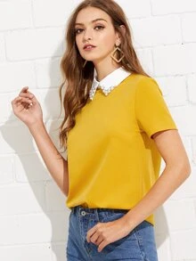 SHEIN Privé Contrast Collar With Faux Pearl Embellished Top - Mustard Yellow - View 4