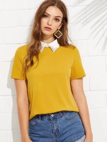 SHEIN Privé Contrast Collar With Faux Pearl Embellished Top - Mustard Yellow - View 1