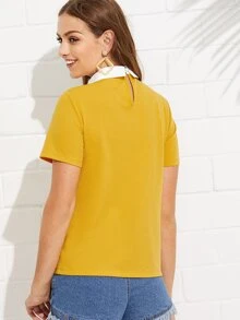 SHEIN Privé Contrast Collar With Faux Pearl Embellished Top - Mustard Yellow - View 2