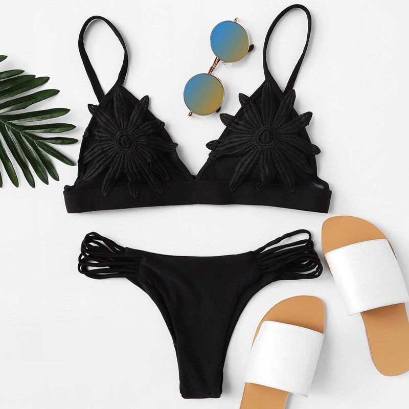 

Flower Applique Top With Ladder Cut Out Bikini, Black