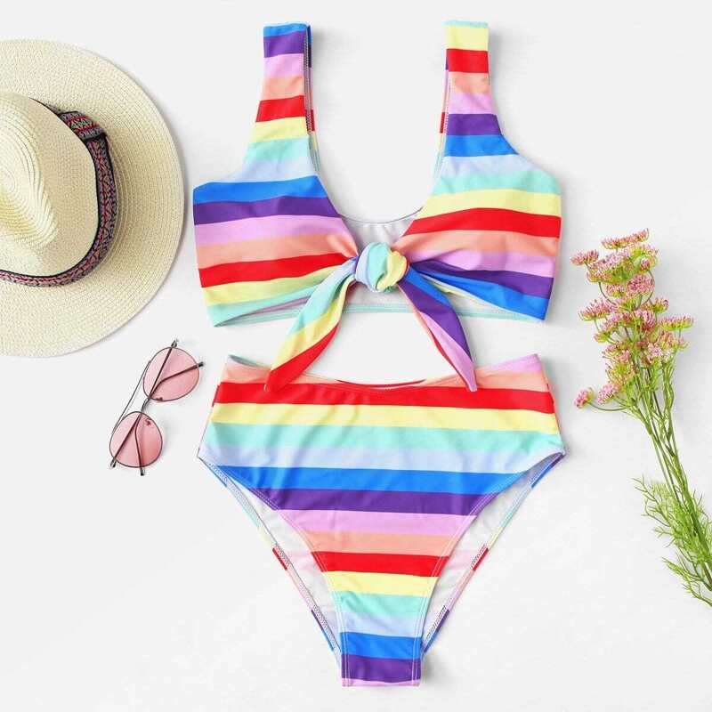 

Striped Knot Front Top With High Waist Bikini, Multicolor