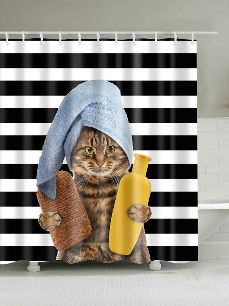 Bathing Cat Shower Curtain With Hook 12pcs Romwe