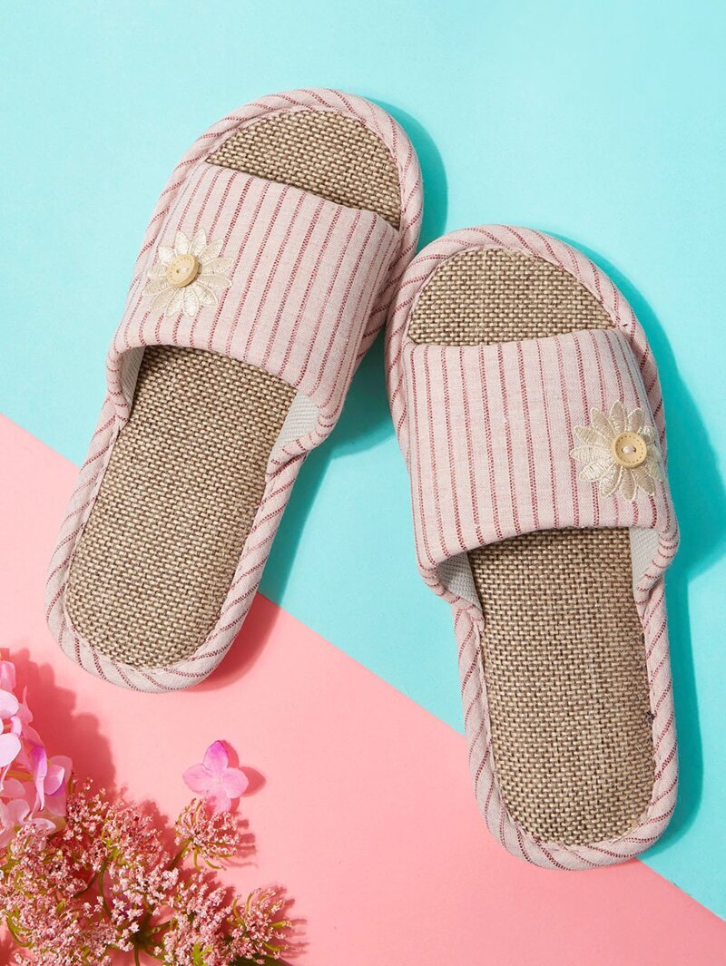

Embroidery Flower Striped Slippers, Pink