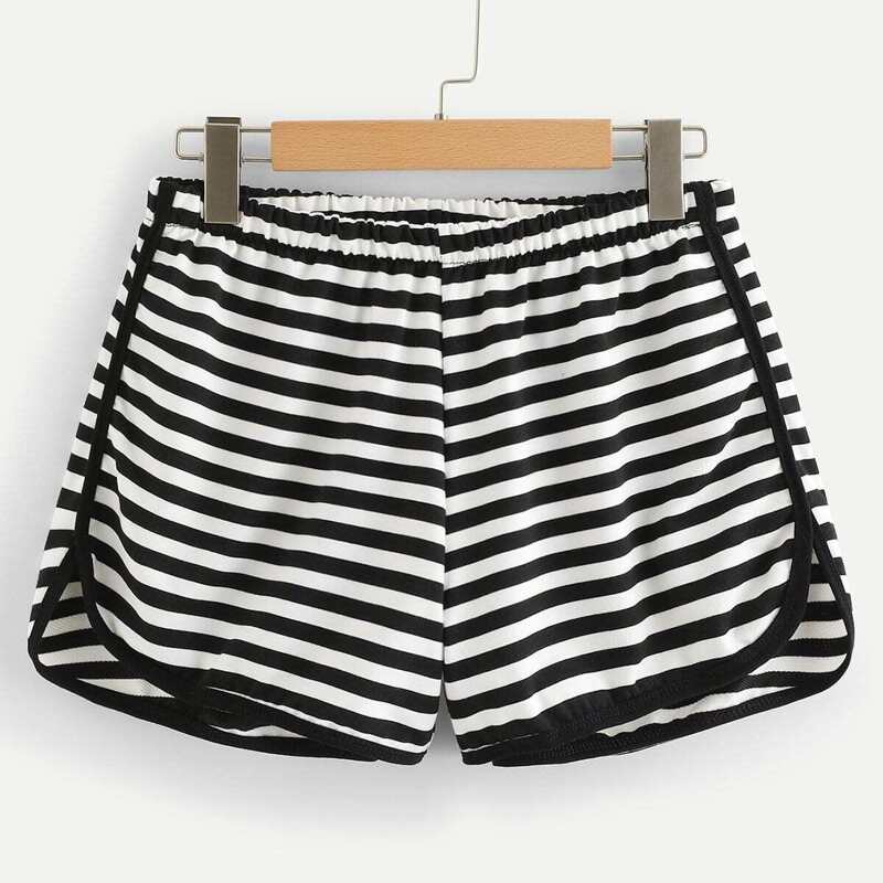 

Striped Elastic Waist Shorts, Black and white