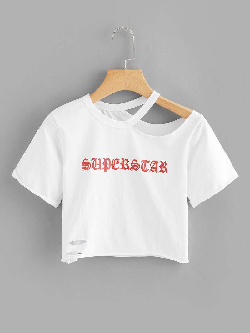 

Letter Print Ripped Crop Tee, White