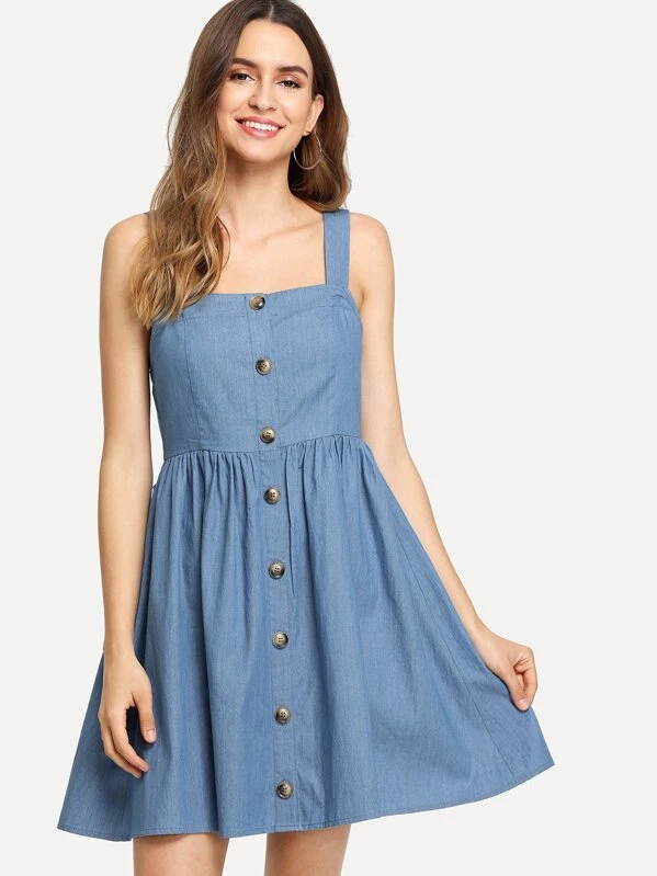 button up denim pinafore dress