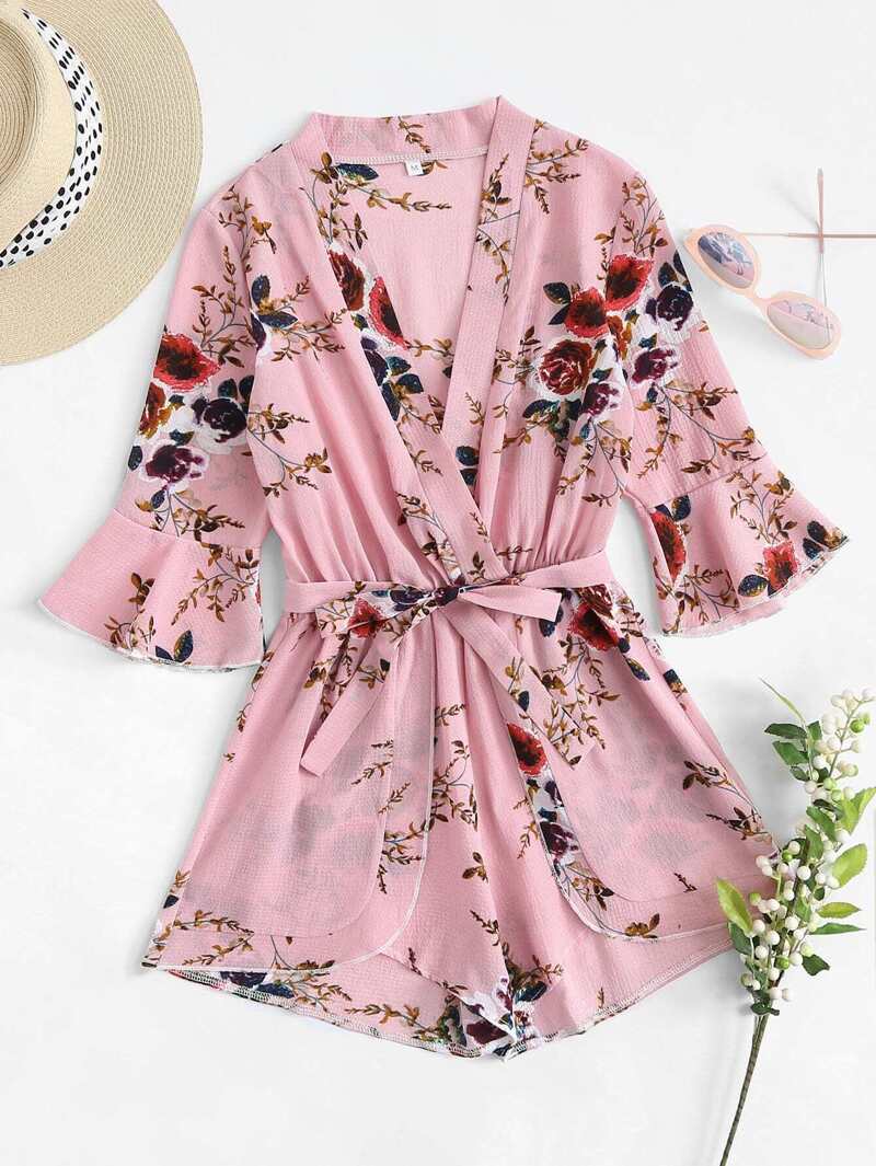 

Fluted Sleeve Floral Print Surplice Romper With Belt, Pink