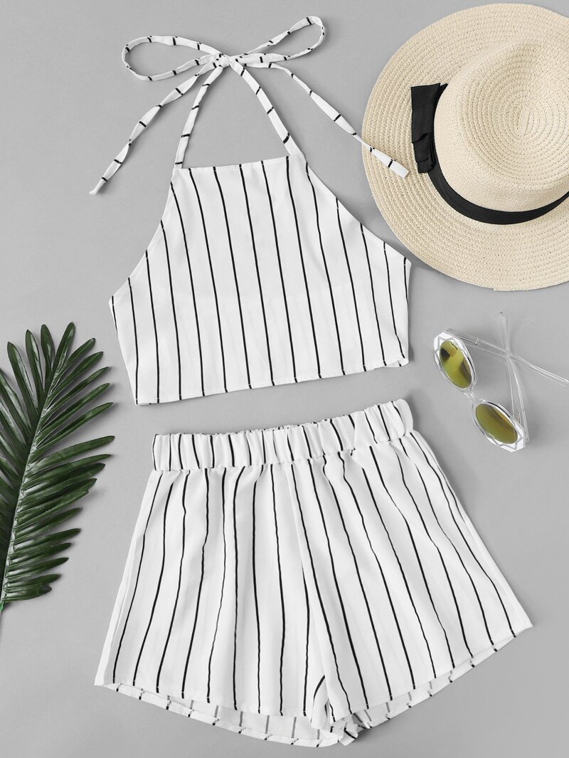 

Striped Halter Top With Shorts, White