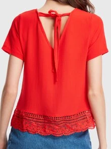 Lace Hem Tie V Back Tee - Red - View 2