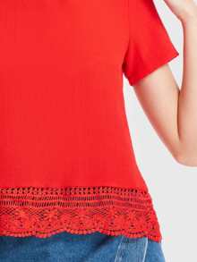 Lace Hem Tie V Back Tee - Red - View 3