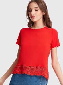 Lace Hem Tie V Back Tee - Red - View 4