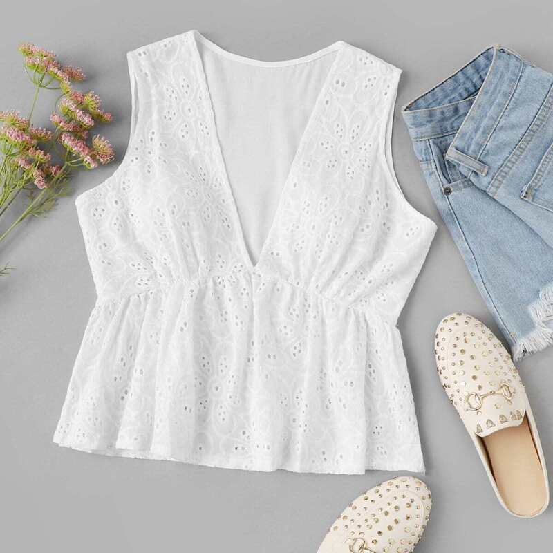 

Eyelet Embroidered V Neck Blouse, Beige