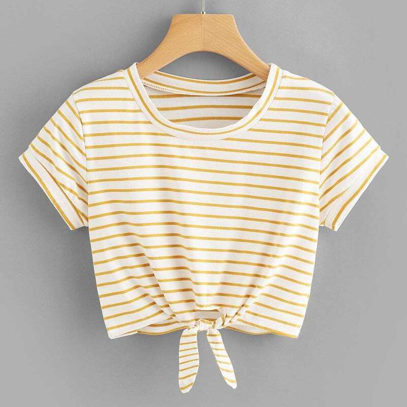 

Knot Front Striped Crop Tee, Multicolor