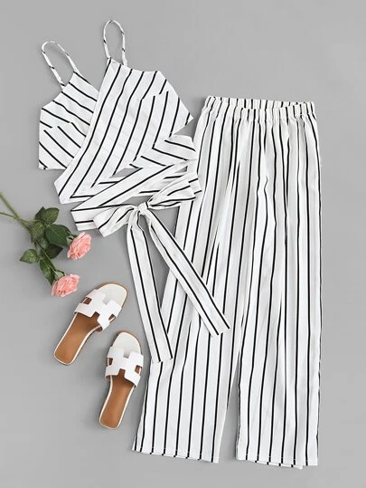 Striped Self-Tie Cami Top & Wide-Leg Pants Set - SHEIN spring sale